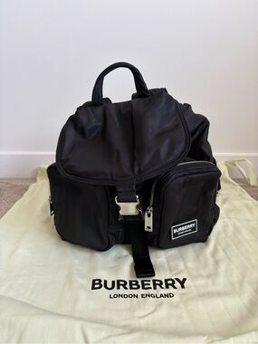 Burberry Black Nylon Backpack with Front Pouches and Silver Buckle